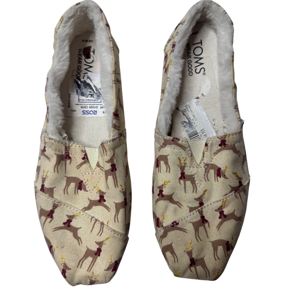 TOMS Alpargata Reindeer Holiday Faux Shearling Lined Slip On Shoes Cream size 6